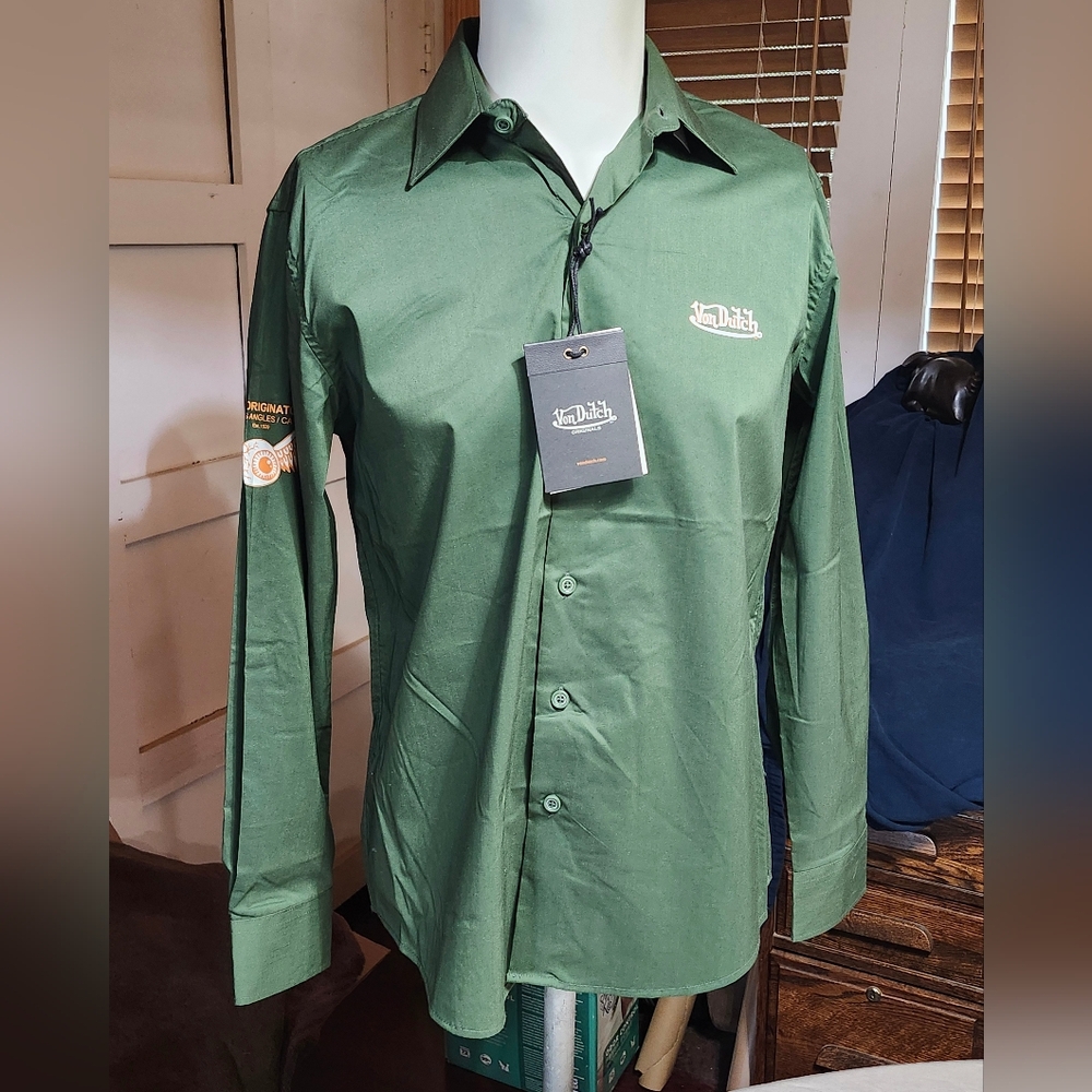 Von Dutch Original Forest Green Long Sleeve Buttonup Graphics Shirt - Mens Small